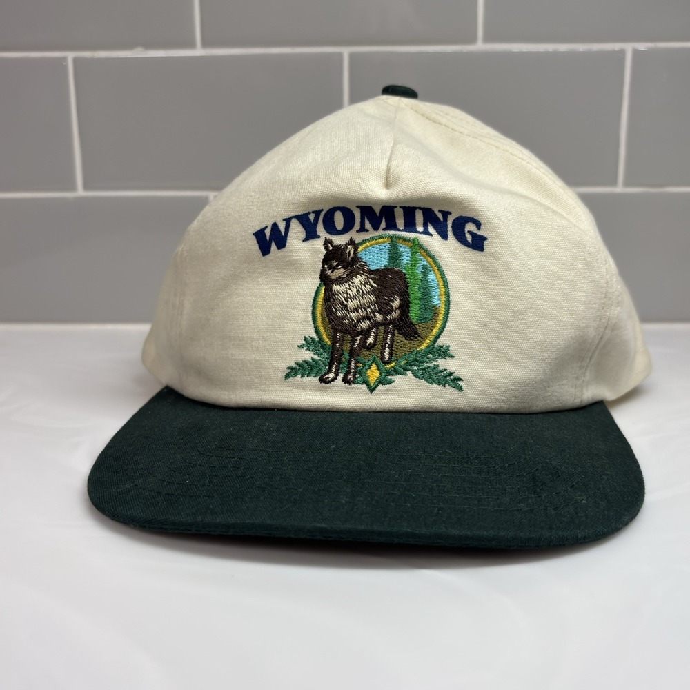 Vintage Hoxer Headwear Wyoming State Hat Cap Wolf Green & Cream Snapback